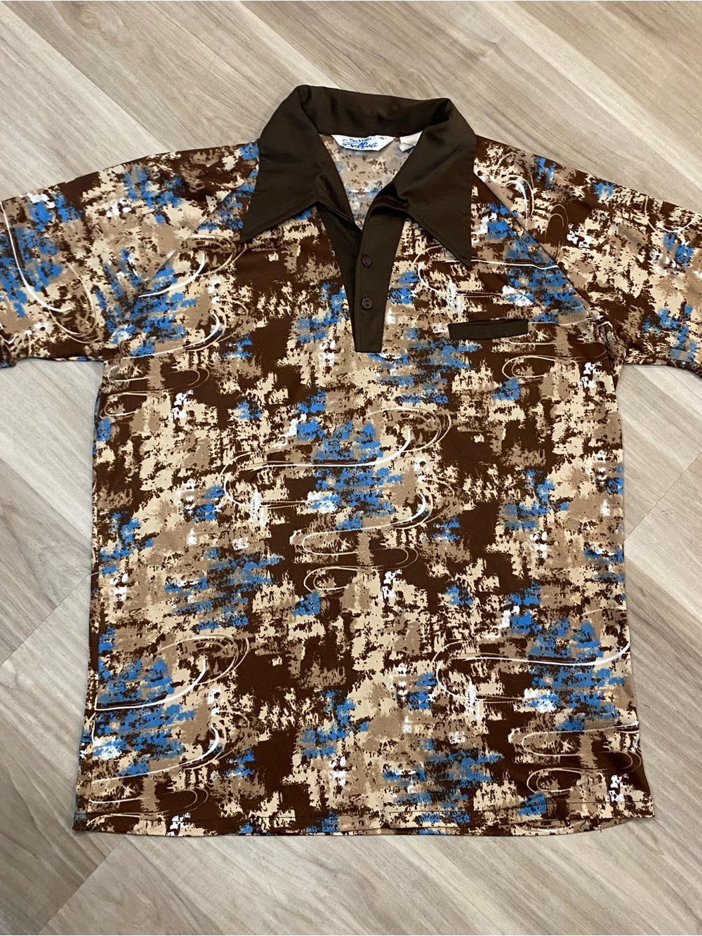 Vintage 70s DaVinci Presents Delfina Disco Polo Shirt Mens XL Brown Abstract